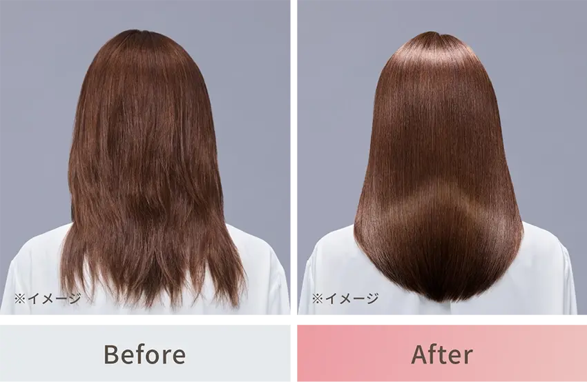 髪の光沢度を示したビフォーアフターの写真（女性の後ろから髪を撮影した写真）