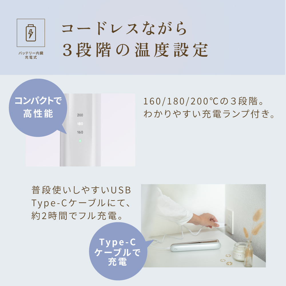 KINUJO LuxeJewelコードレスアイロン【LX001】のわかりやすい充電ランプ付きの解説画像（Type-Cケーブル対応）