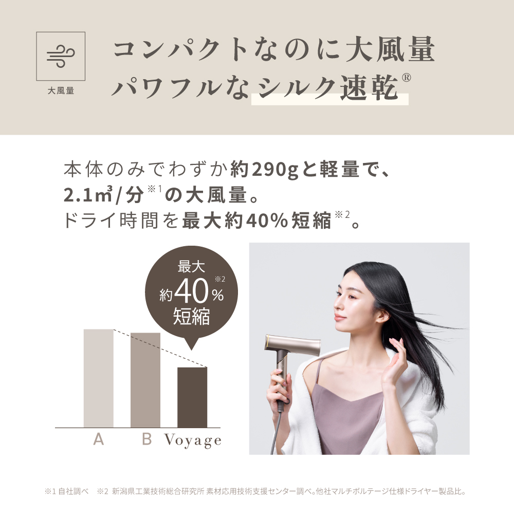 KINUJO Hair Dryer Voyage（ボヤージュ）【HW001】のコンパクト設計と大風量機能の解説画像